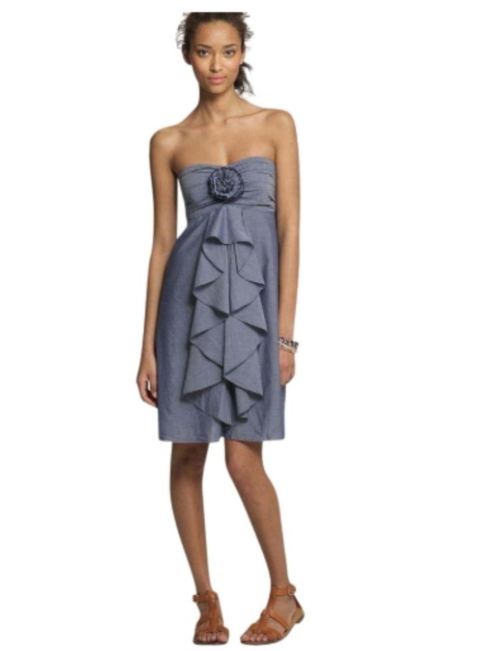 J. Crew 100& Cotton Strapless Blue Ruffle Front Dress